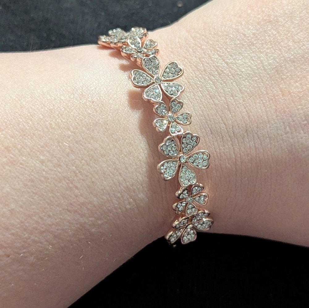 Gold Tone Rhinestone Floral Flower Hinged Cuff Bracelet